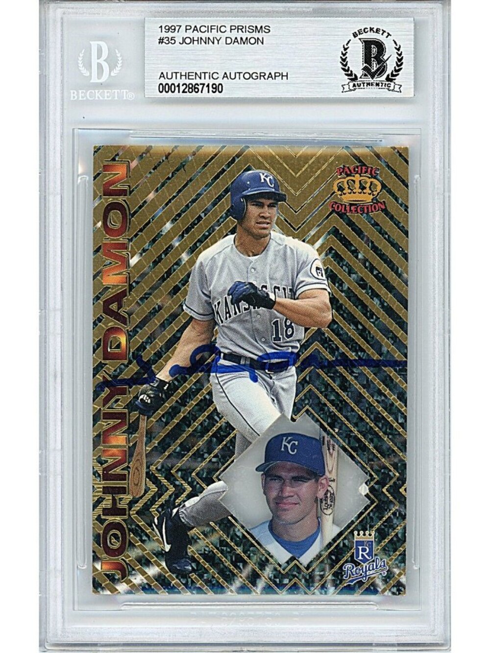 Johnny Damon Signed 1997 Pacific Prisms #35 Royals Beckett BAS Slabbed MLB Auto